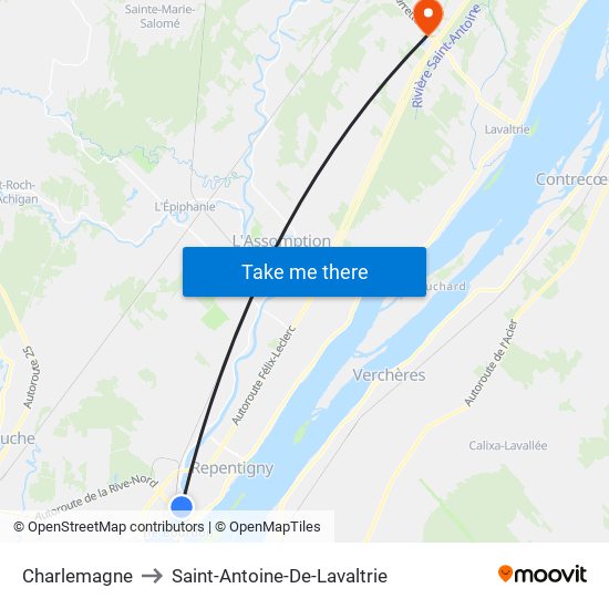 Charlemagne to Saint-Antoine-De-Lavaltrie map