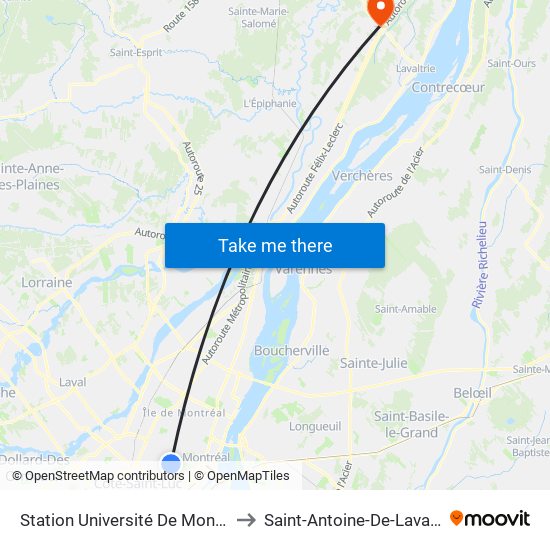 Station Université De Montreal to Saint-Antoine-De-Lavaltrie map