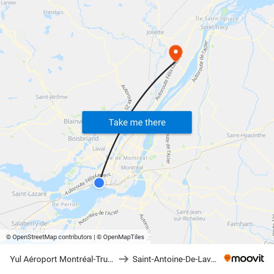 Yul Aéroport Montréal-Trudeau to Saint-Antoine-De-Lavaltrie map