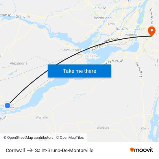 Cornwall to Saint-Bruno-De-Montarville map