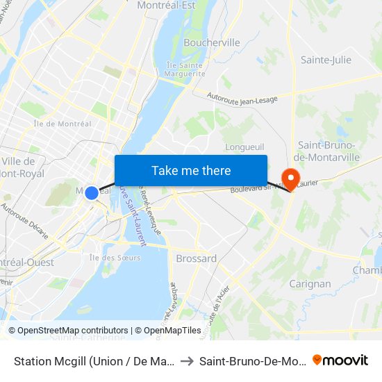 Station Mcgill (Union / De Maisonneuve) to Saint-Bruno-De-Montarville map