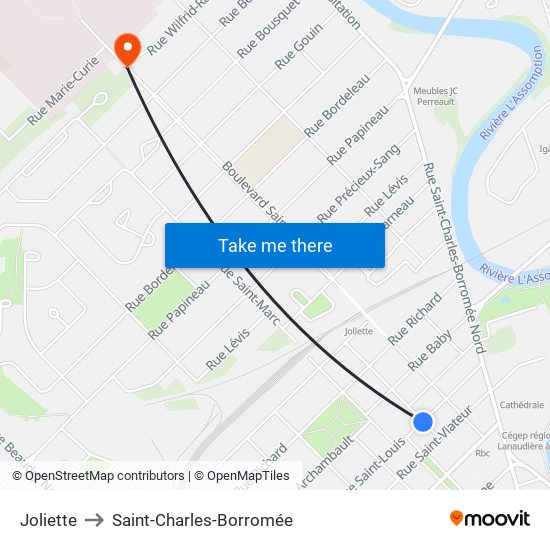 Joliette to Saint-Charles-Borromée map