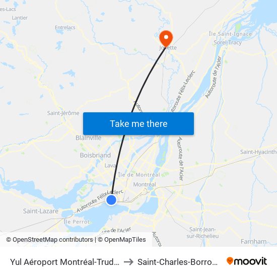 Yul Aéroport Montréal-Trudeau to Saint-Charles-Borromée map