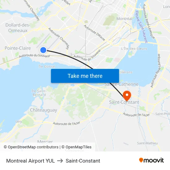 Montreal Airport YUL to Saint-Constant map