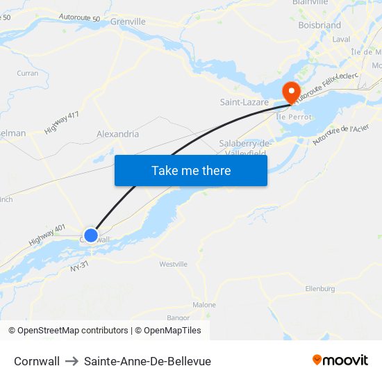 Cornwall to Sainte-Anne-De-Bellevue map