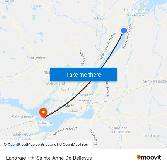 Lanoraie to Sainte-Anne-De-Bellevue map