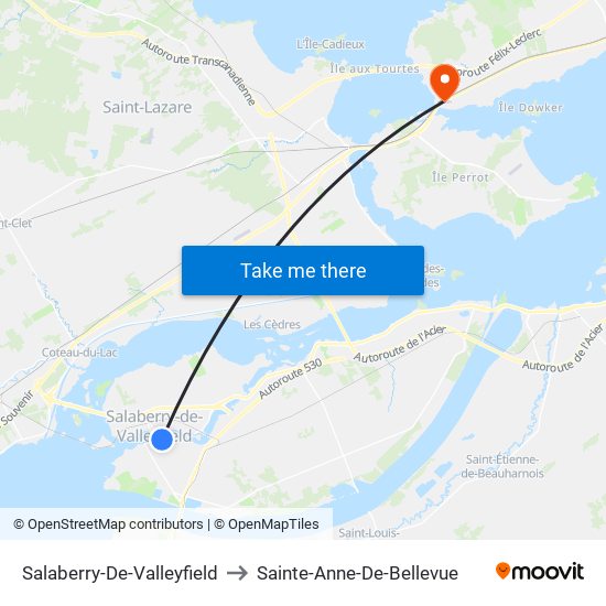 Salaberry-De-Valleyfield to Sainte-Anne-De-Bellevue map