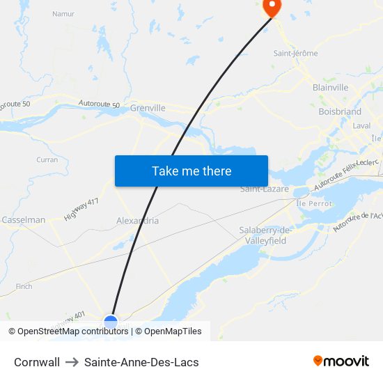 Cornwall to Sainte-Anne-Des-Lacs map