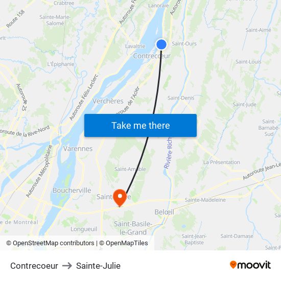 Contrecoeur to Sainte-Julie map