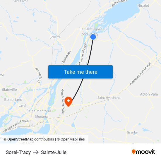 Sorel-Tracy to Sainte-Julie map