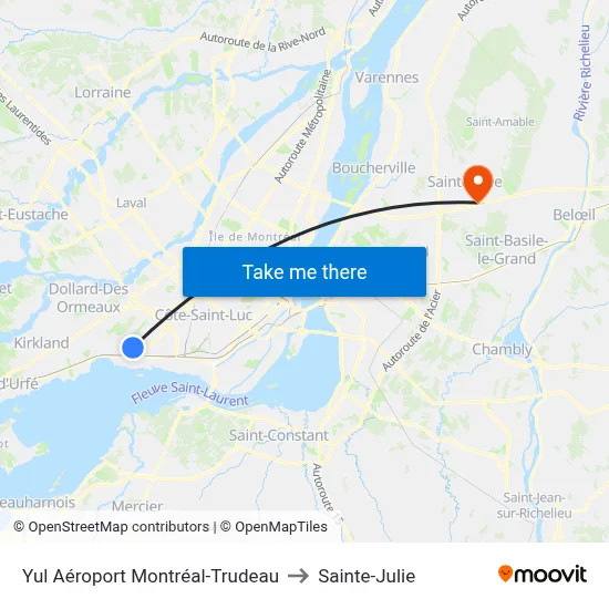 Yul Aéroport Montréal-Trudeau to Sainte-Julie map