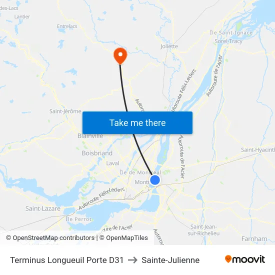 Terminus Longueuil Porte D31 to Sainte-Julienne map