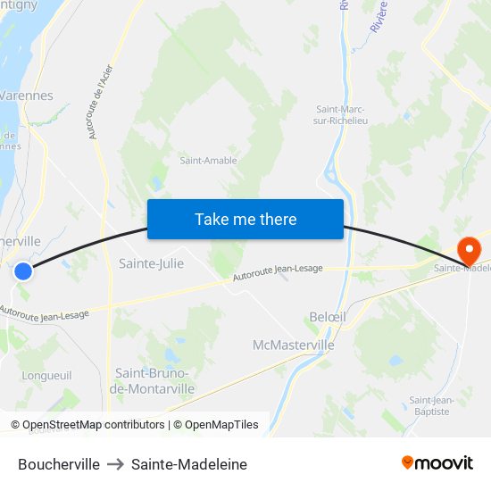 Boucherville to Sainte-Madeleine map