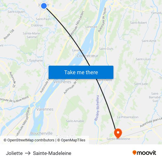 Joliette to Sainte-Madeleine map