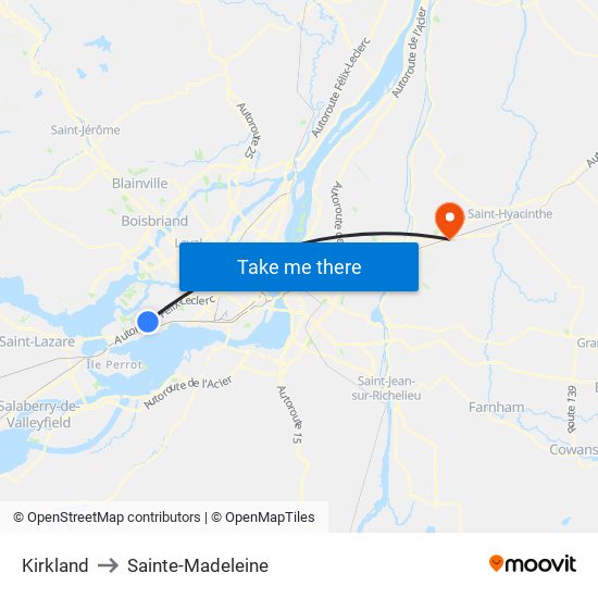 Kirkland to Sainte-Madeleine map