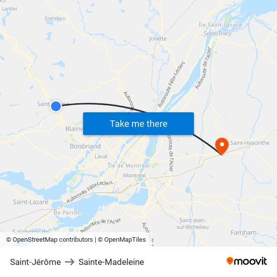 Saint-Jérôme to Sainte-Madeleine map