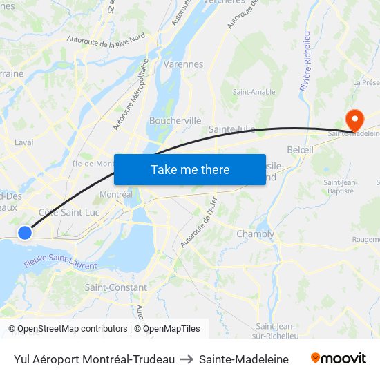Yul Aéroport Montréal-Trudeau to Sainte-Madeleine map