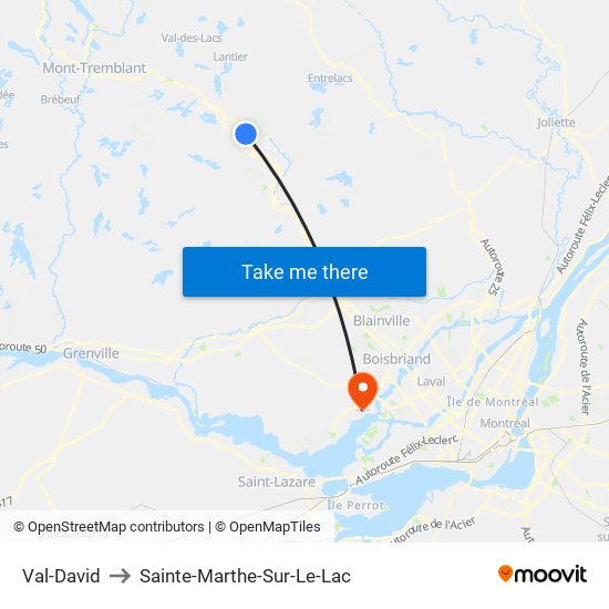 Val-David to Sainte-Marthe-Sur-Le-Lac map