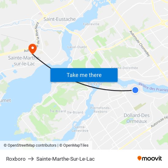 Roxboro to Sainte-Marthe-Sur-Le-Lac map