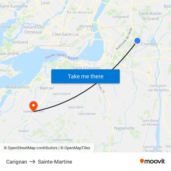 Carignan to Sainte-Martine map