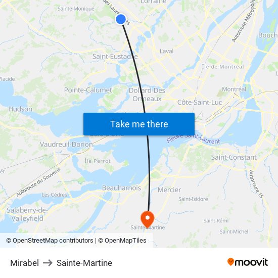 Mirabel to Sainte-Martine map