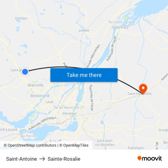 Saint-Antoine to Sainte-Rosalie map