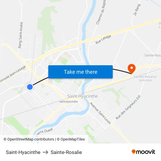 Saint-Hyacinthe to Sainte-Rosalie map