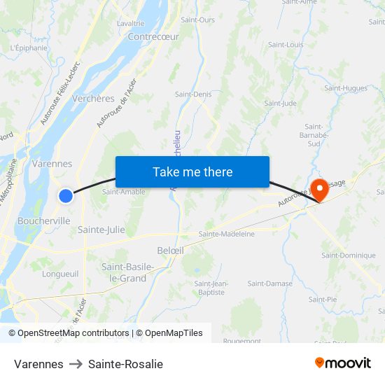 Varennes to Sainte-Rosalie map