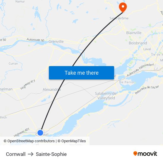 Cornwall to Sainte-Sophie map