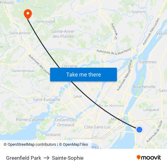 Greenfield Park to Sainte-Sophie map