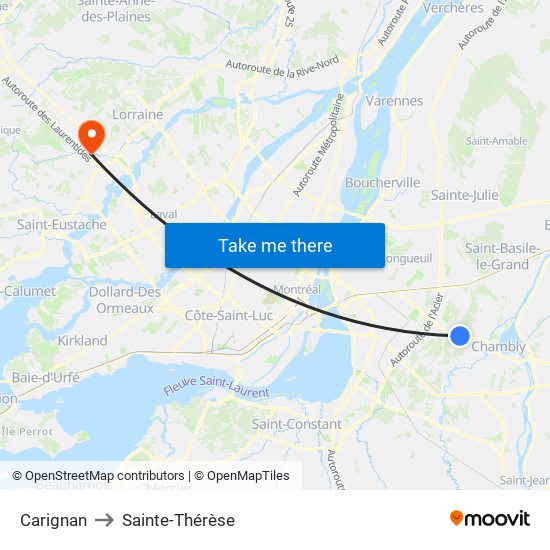 Carignan to Sainte-Thérèse map