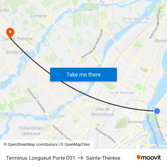Terminus Longueuil Porte D31 to Sainte-Thérèse map