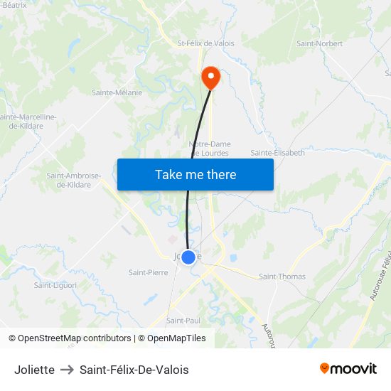 Joliette to Saint-Félix-De-Valois map