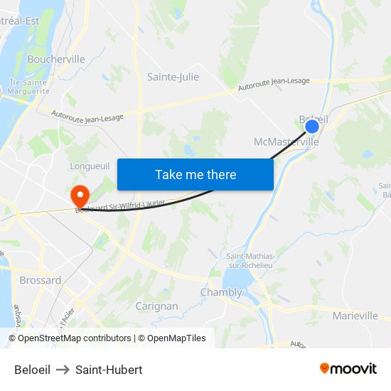 Beloeil to Saint-Hubert map