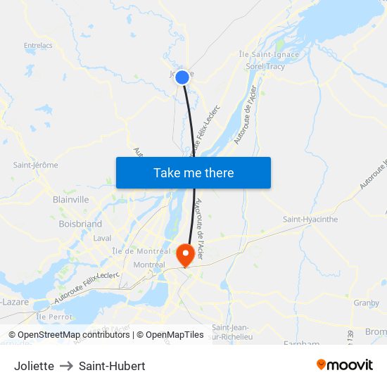 Joliette to Saint-Hubert map