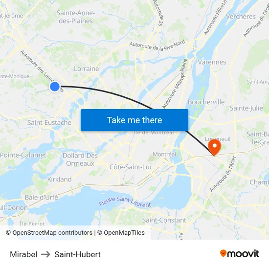 Mirabel to Saint-Hubert map