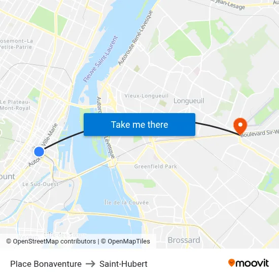 Place Bonaventure to Saint-Hubert map
