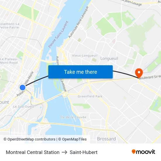 Montreal Central Station to Saint-Hubert map