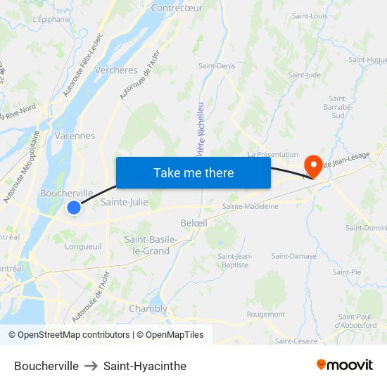 Boucherville to Saint-Hyacinthe map