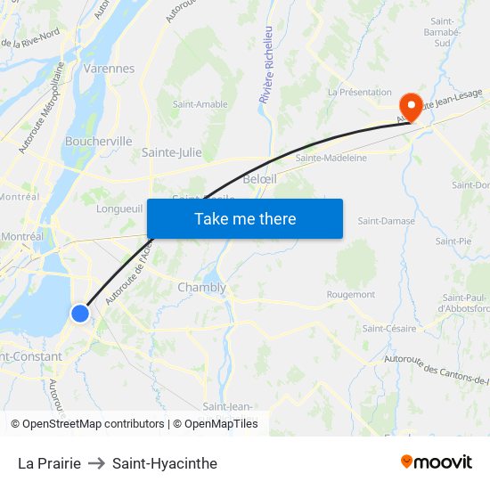 La Prairie to Saint-Hyacinthe map