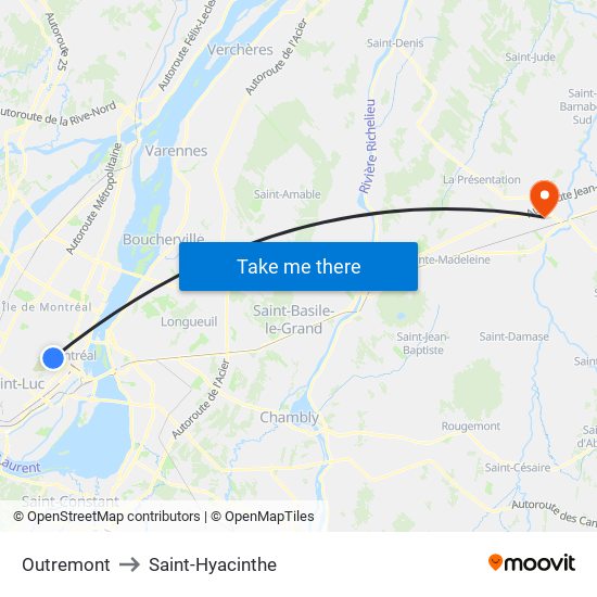 Outremont to Saint-Hyacinthe map