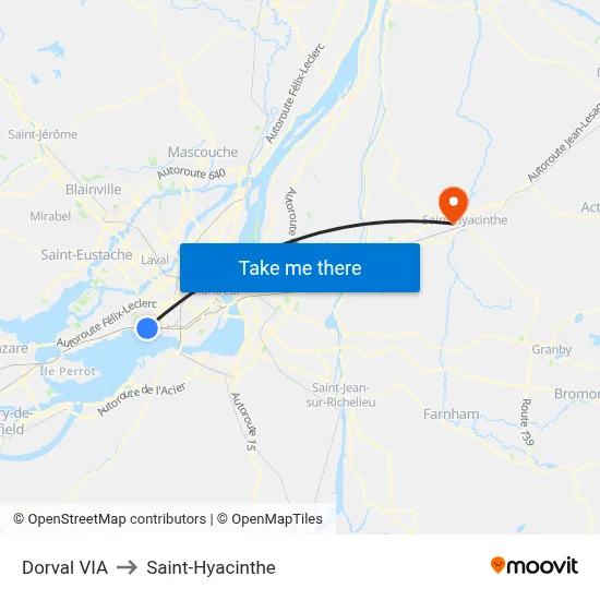 Dorval VIA to Saint-Hyacinthe map