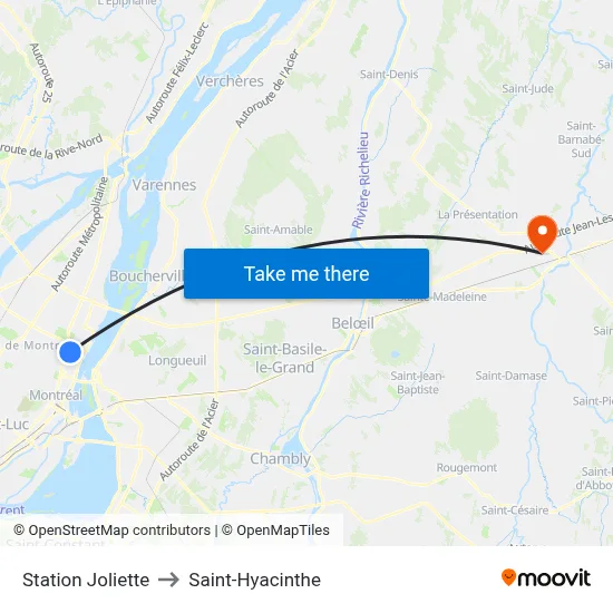Station Joliette to Saint-Hyacinthe map