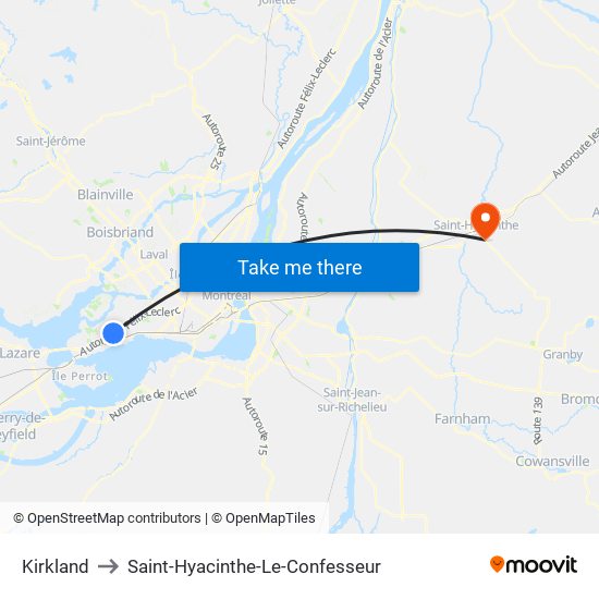 Kirkland to Saint-Hyacinthe-Le-Confesseur map