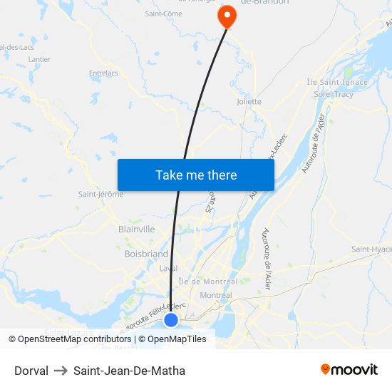 Dorval to Saint-Jean-De-Matha map