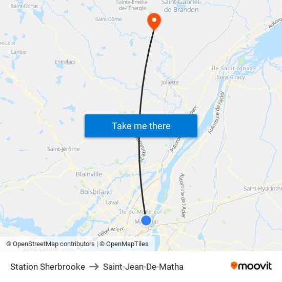 Station Sherbrooke to Saint-Jean-De-Matha map