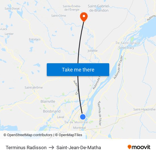 Terminus Radisson to Saint-Jean-De-Matha map