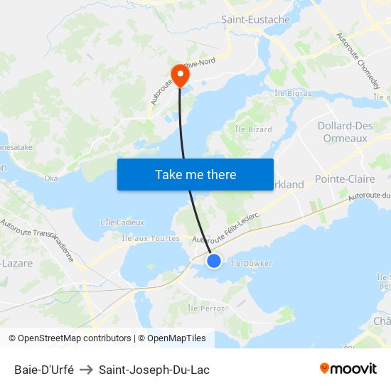 Baie-D'Urfé to Saint-Joseph-Du-Lac map