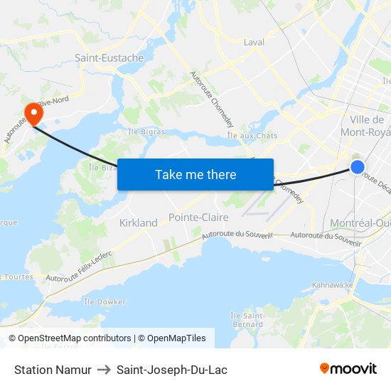 Station Namur to Saint-Joseph-Du-Lac map