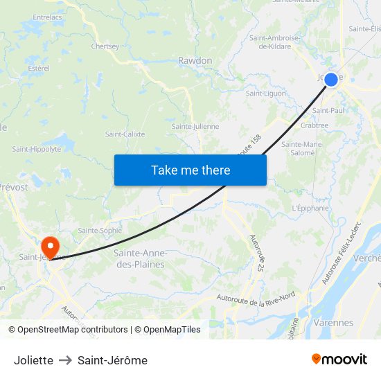 Joliette to Saint-Jérôme map